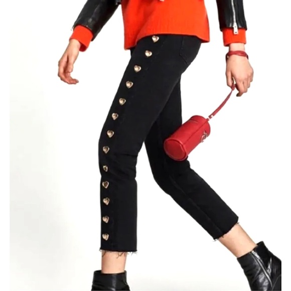 Zara Metal Heart Grommets Ankle Grazer Mid Rise Jeans Raw Hem Black Distressed 2 - Picture 5 of 16